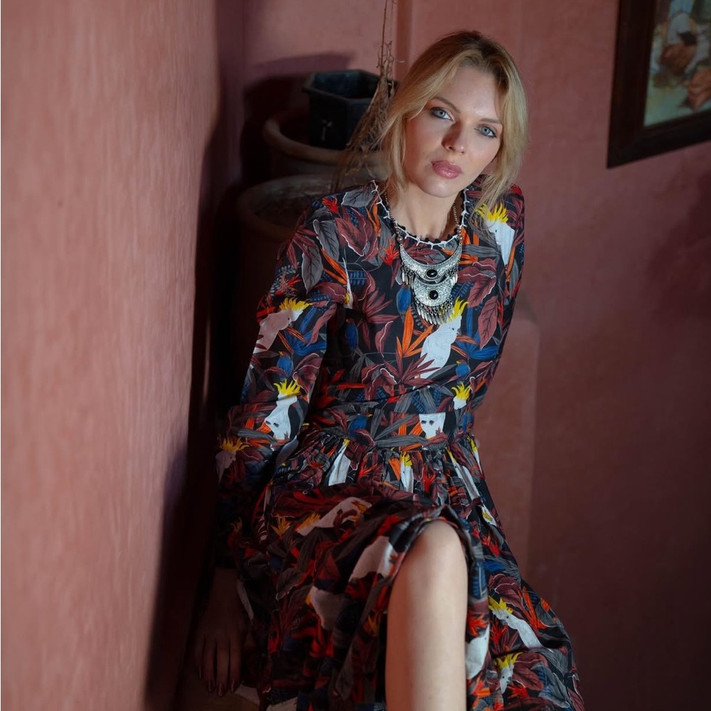 NEW Connor & Blake Lea Printed Cotton Maxi Dress Medium Cockatoo Bird boho - Picture 12 of 15